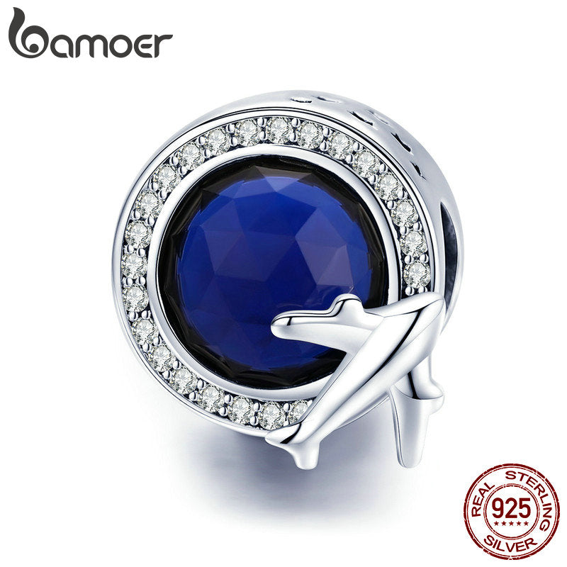 BAMOER Real 925 Sterling Silver Round Global Plane Charms Blue CZ Beads fit Women Bracelets Necklaces DIY Jewelry Making SCC895